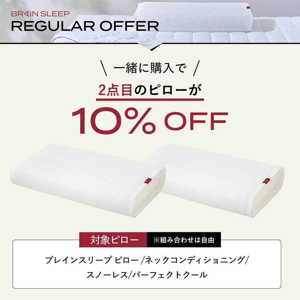 REGULAR OFFERの告知。対象ピロー2点を一緒に購入で2点目が10%OFFになることを示すバナー